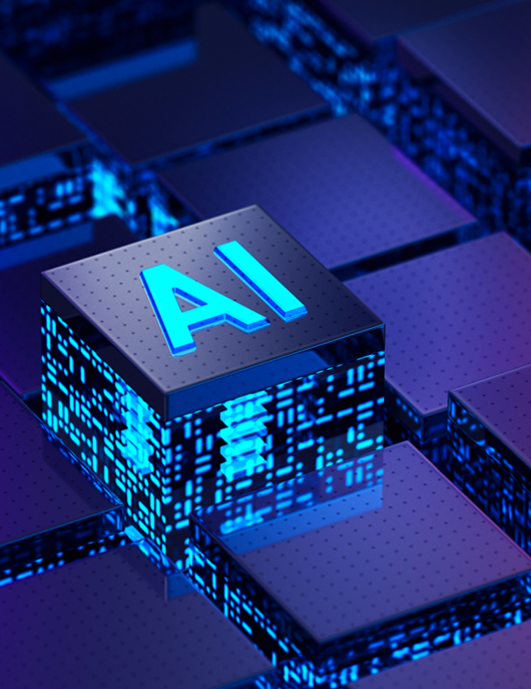 A semiconductor with glowing internals with AI written on it and similar around it