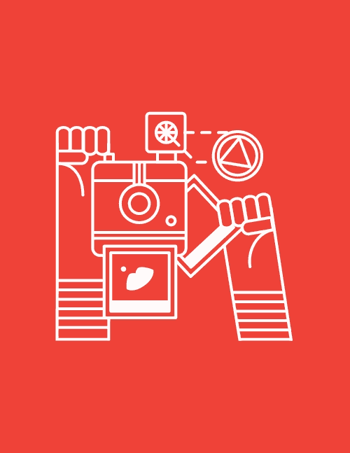 Animated instant camera taking a photo and printing