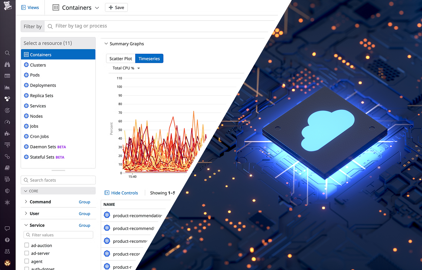 Generic Datadog dashboard and a semiconductor risen from a PCB glowing from underneath with a cloud icon on top